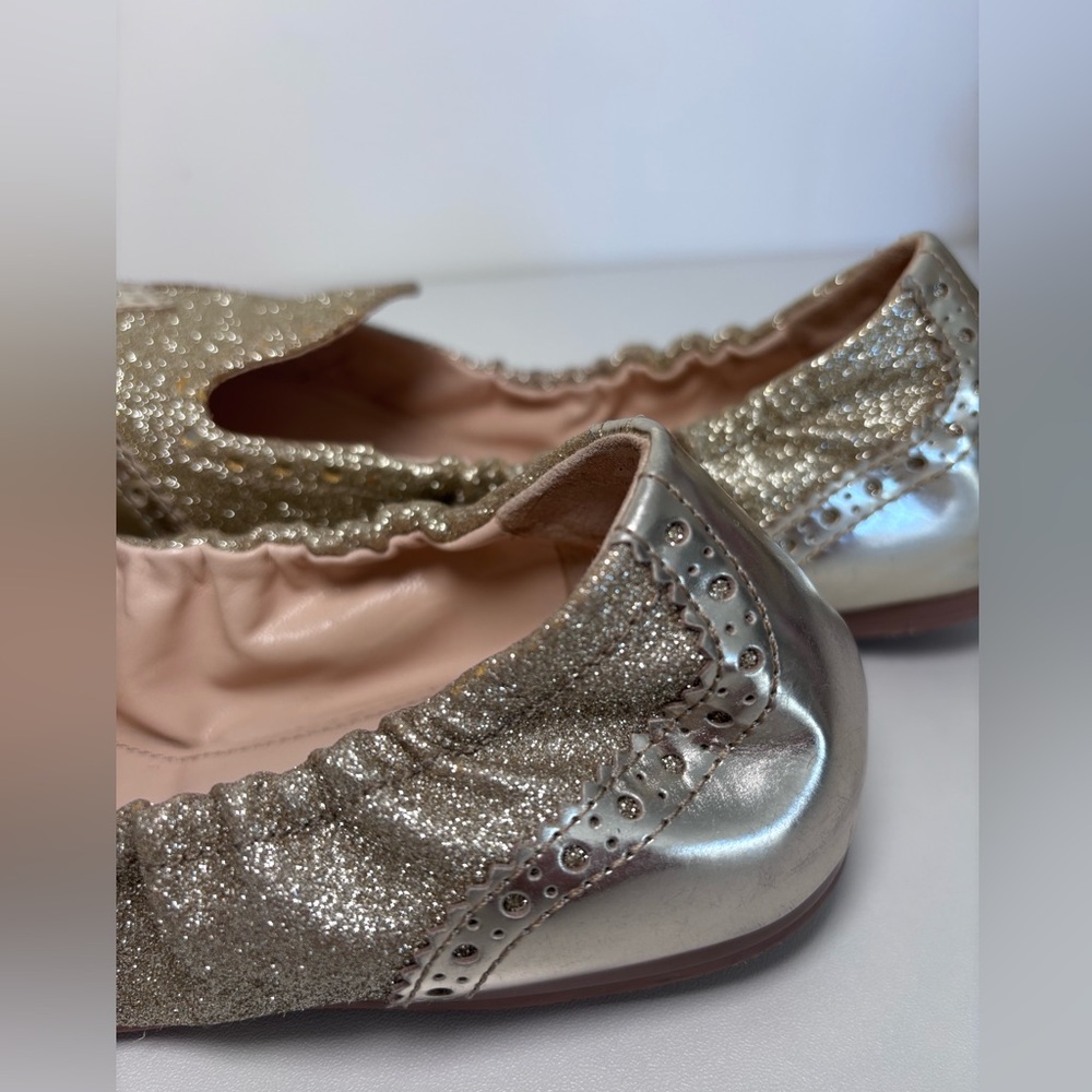 PRADA Round Toe Gold Glitter Metallic Oxford Slip On Ballerina Flats Size 39 EU - Picture 9 of 15